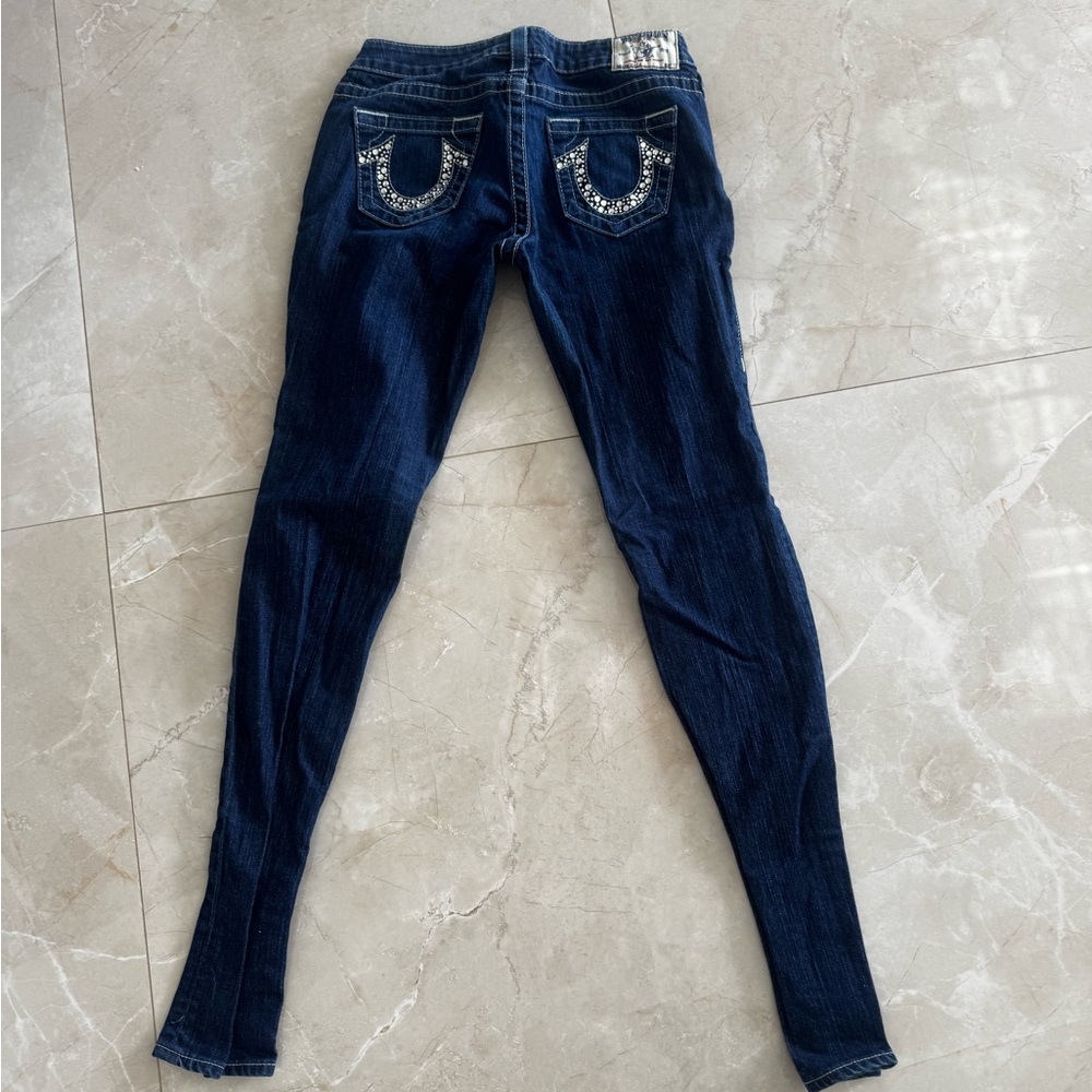 True Religion Dark Blue Skinny Jeans with Embellished Pockets